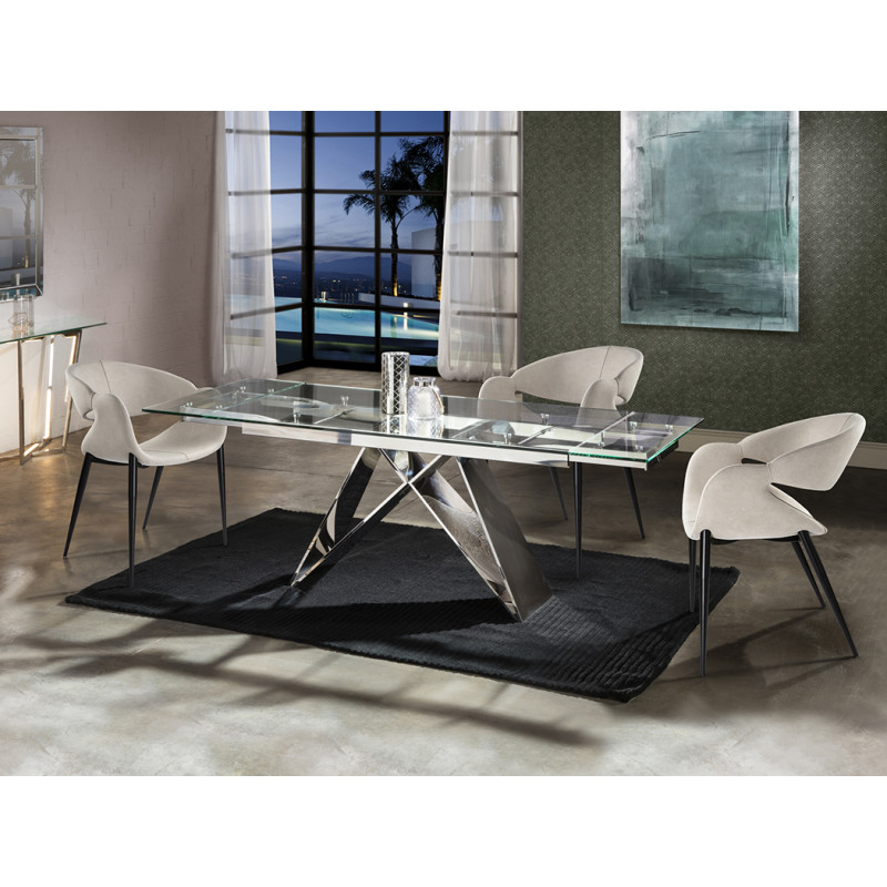 Mesa comedor acero alto brillo y cristal - MIKA