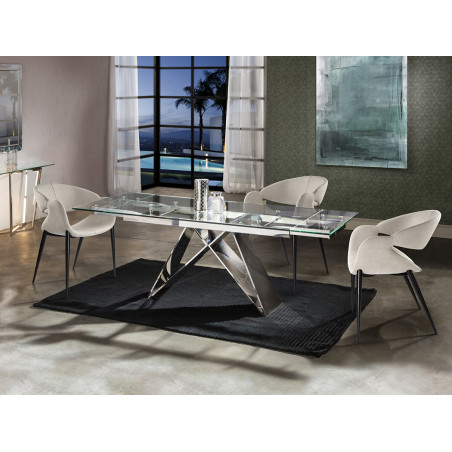 Mesa comedor acero alto brillo y cristal - MIKA